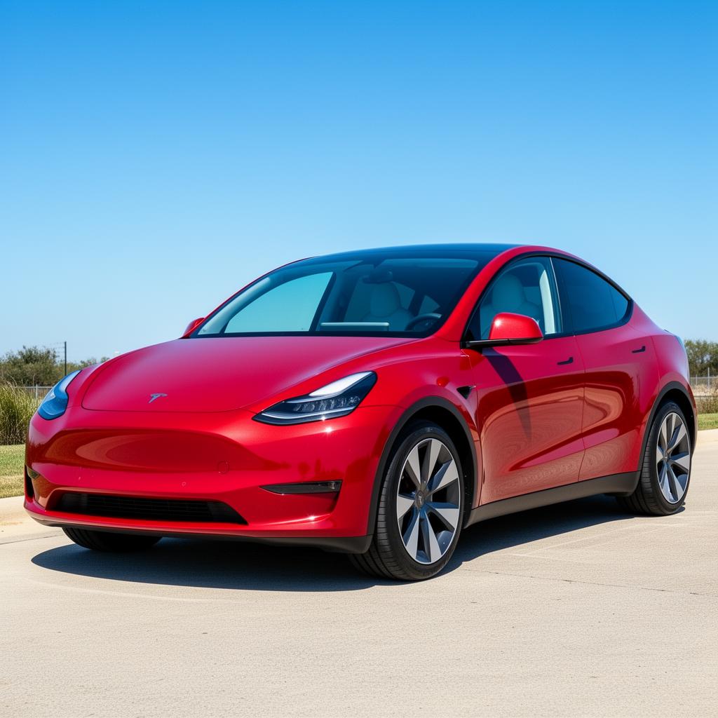 White Tesla Model Y parked inside a showroom showing crossover SUV profile
